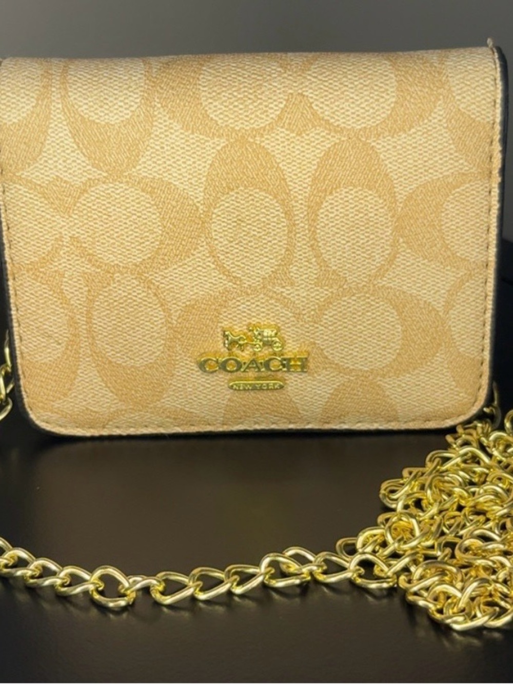 Coach Tan Signature Crossbody Bag with Gold Chain